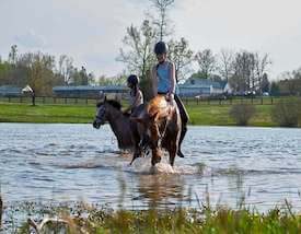 kids riding horses through a pond at redbird equestrian